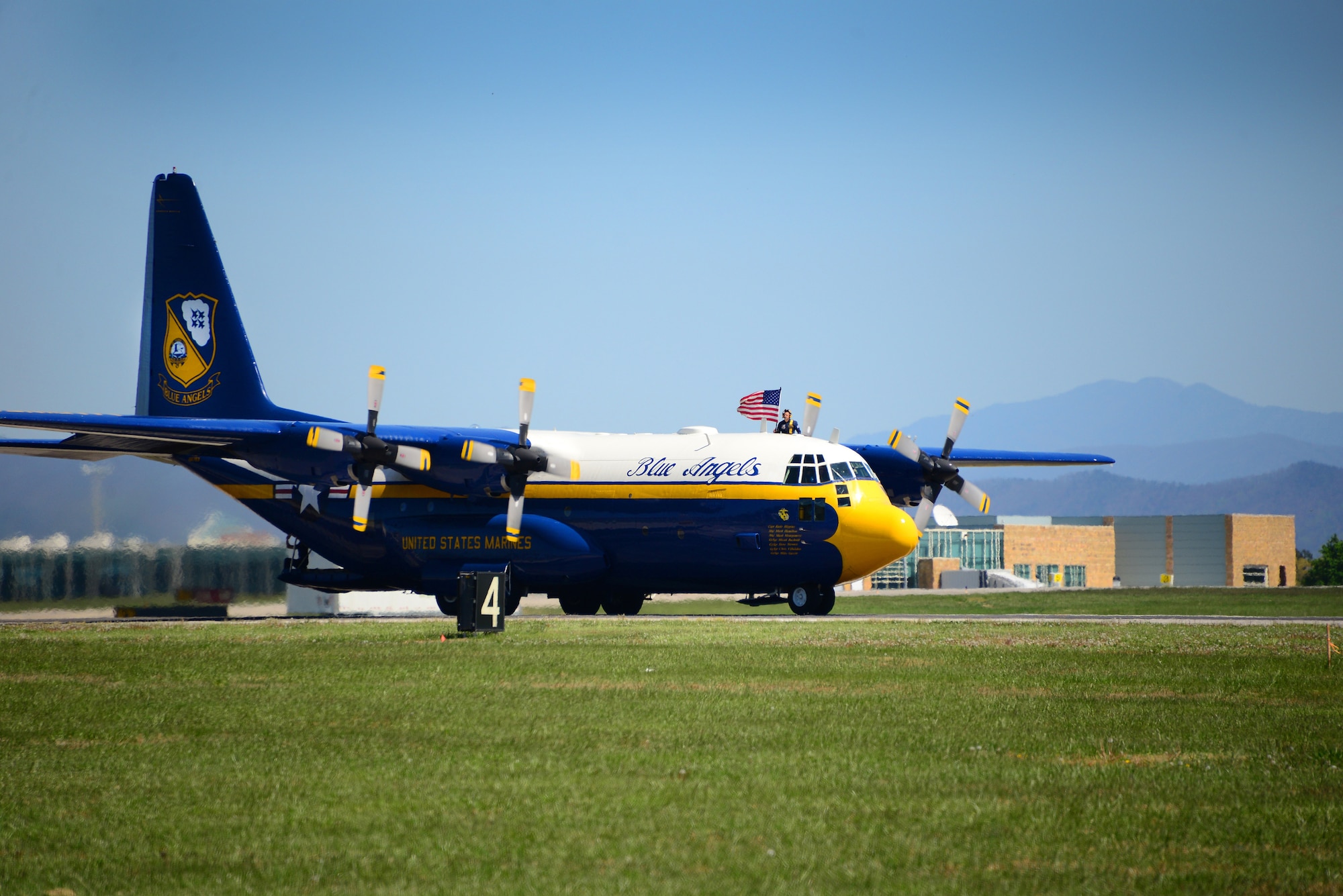 The U.S. Navy Blue Angels Fat Albert C-130 Hercules lands after a successful demonstration at the 2016 Smoky Mountain Air Show at McGhee Tyson ANG Base, TN. (U.S. Air National Guard photo by Master Sgt. Kendra M. Owenby, 134 ARW Public Affairs)