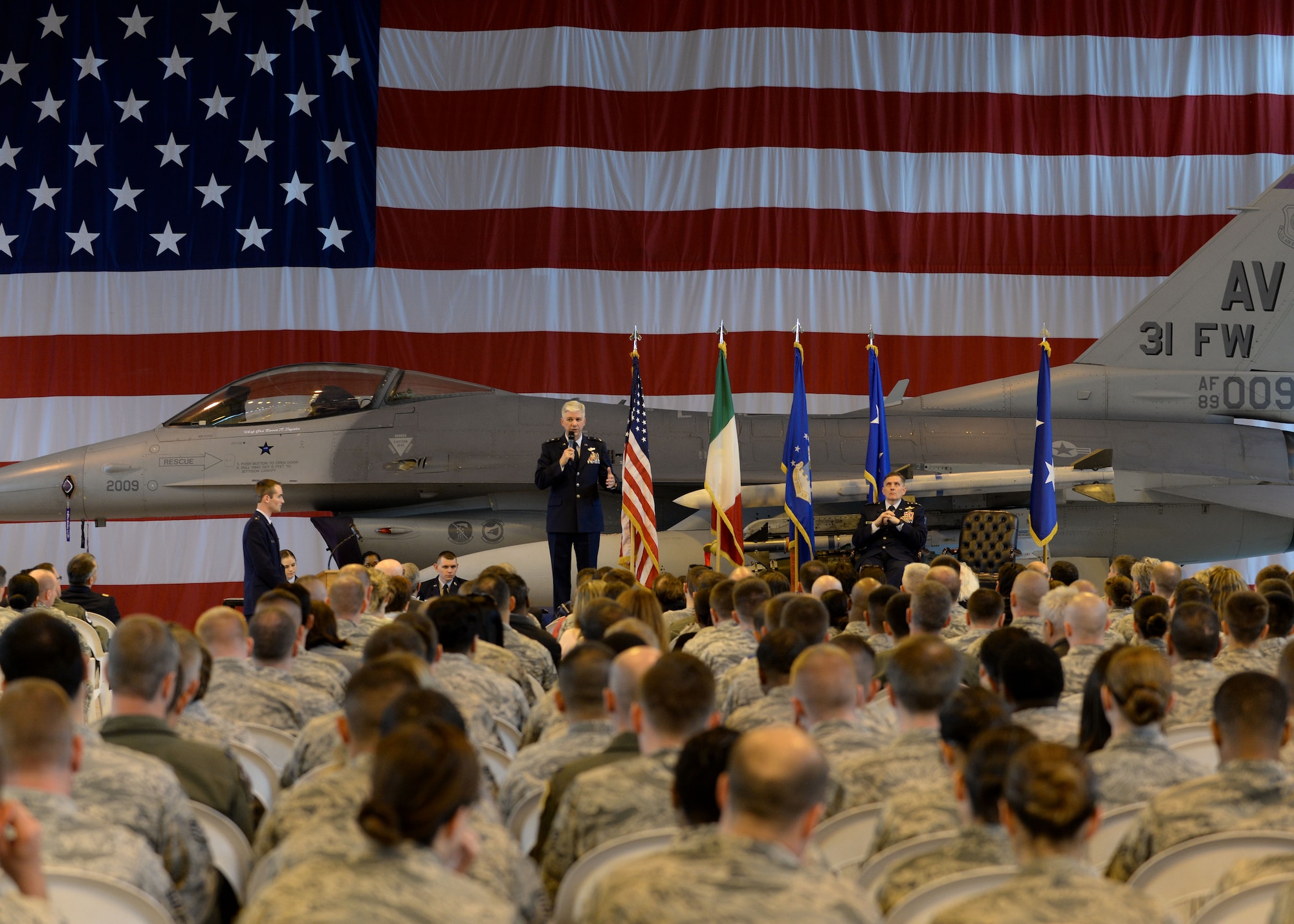 Maj. Gen. Barre Seguin, 31st Fighter Wing commander, speaks during his promotion ceremony, May 2, 2016, at Aviano Air Base, Italy. Seguin spoke of the honor he’s had serving alongside and sharing the military tradition with everyone in attendance (U.S. Air Force photo by Airman 1st Class Cary Smith/Released)