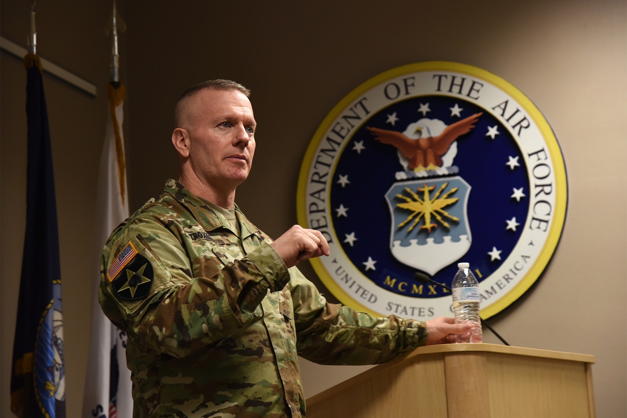 PETERSON AIR FORCE BASE, Colo. – Command Sgt. Maj. John Troxell, Senior Enlisted Advisor to the Chairman of the Joint Chiefs of Staff, speaks to Airmen during a visit to the Airman Leadership School at Peterson Air Force Base April 27, 2016. Troxell toured Peterson AFB and spoke to many junior enlisted Airmen on the importance of their roles in the U.S. Armed Forces. (U.S. Air Force photo by Airman 1st Class Dennis Hoffman)