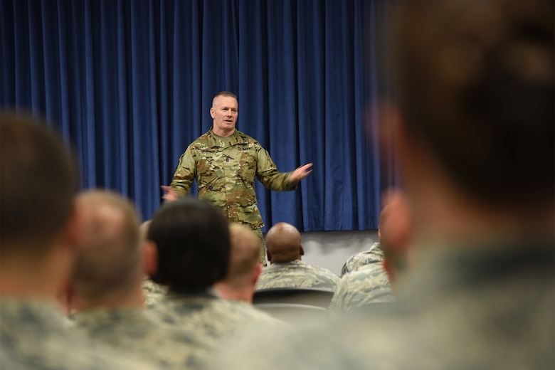 PETERSON AIR FORCE BASE, Colo. – Command Sgt. Maj. John Troxell, Senior Enlisted Advisor to the Chairman of the Joint Chiefs of Staff, speaks to the Non-commissioned Officer Academy at Peterson Air Force Base April 27, 2016. As the senior noncommissioned officer in the U.S. Armed Forces, Troxell spoke with the sergeants concerning the current threats to the United States. (U.S. Air Force photo by Airman 1st Class Dennis Hoffman)
