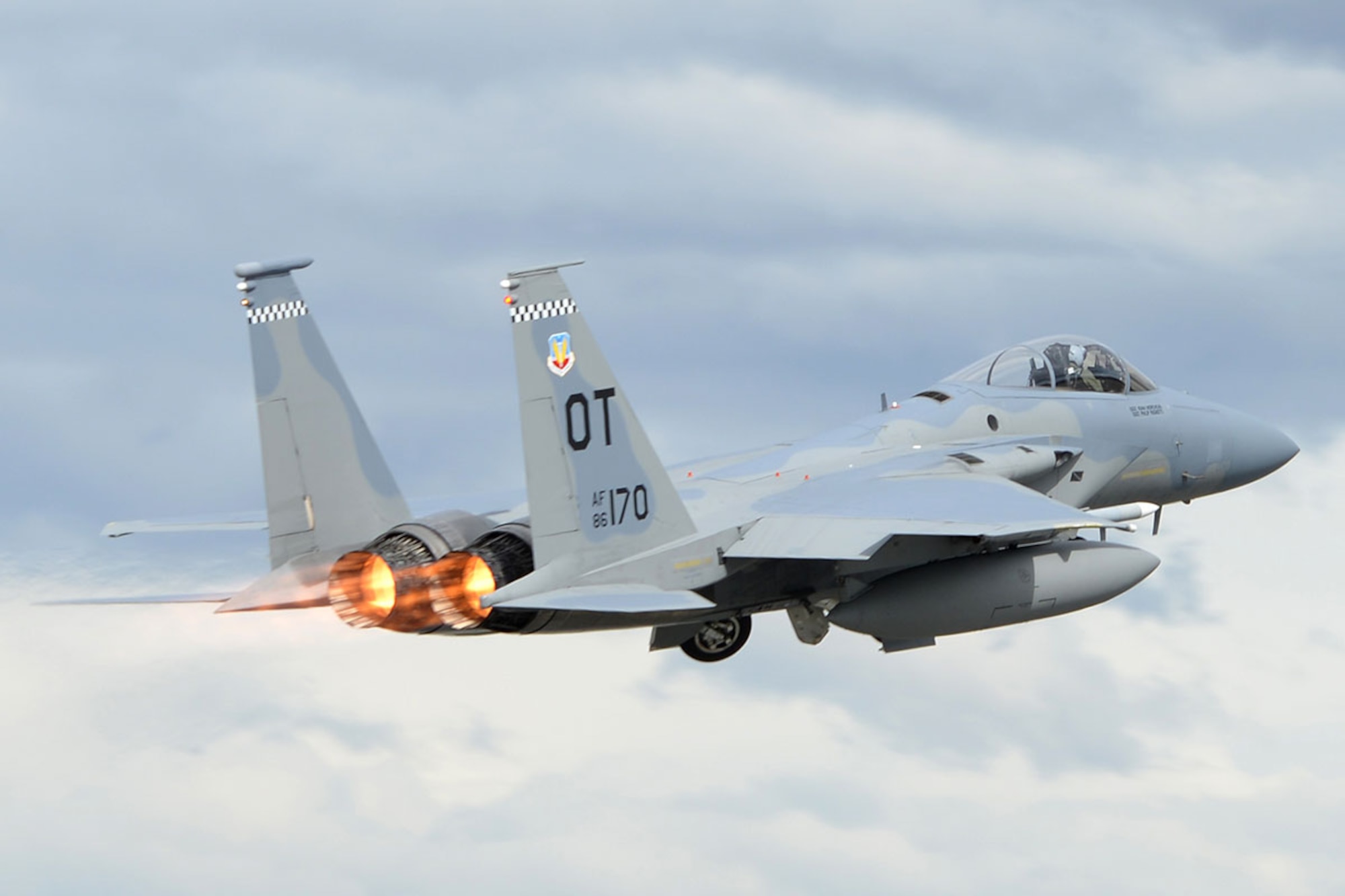 A U.S. Air Force F-15 Eagle from Eglin Air Force Base, Fla., takes off from Joint Base Elmendorf-Richardson, Alaska, as part of Red Flag-Alaska, May 3, 2016. The F-15 is deployed to JBER for Red Flag-Alaska, a Pacific Air Forces commander-directed field training exercises for U.S. and international forces, providing combined offensive counter-air, interdiction, close air support and large force employment training in a simulated combat environment. (U.S. Air Force photo by Airman 1st Class Javier Alvarez)