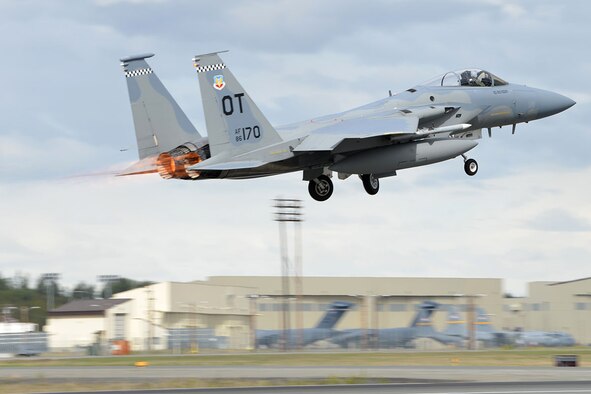 A U.S. Air Force F-15 Eagle from Eglin Air Force Base, Fla., rises over the Joint Base Elmendorf-Richardson flightline, as part of Red Flag-Alaska, May 3, 2016. Red Flag-Alaska is a Pacific Air Forces-directed field training exercises for U.S. and international forces, providing combined offensive counter-air, interdiction, close air support and large force employment training in a simulated combat environment. (U.S. Air Force photo by Airman 1st Class Javier Alvarez)