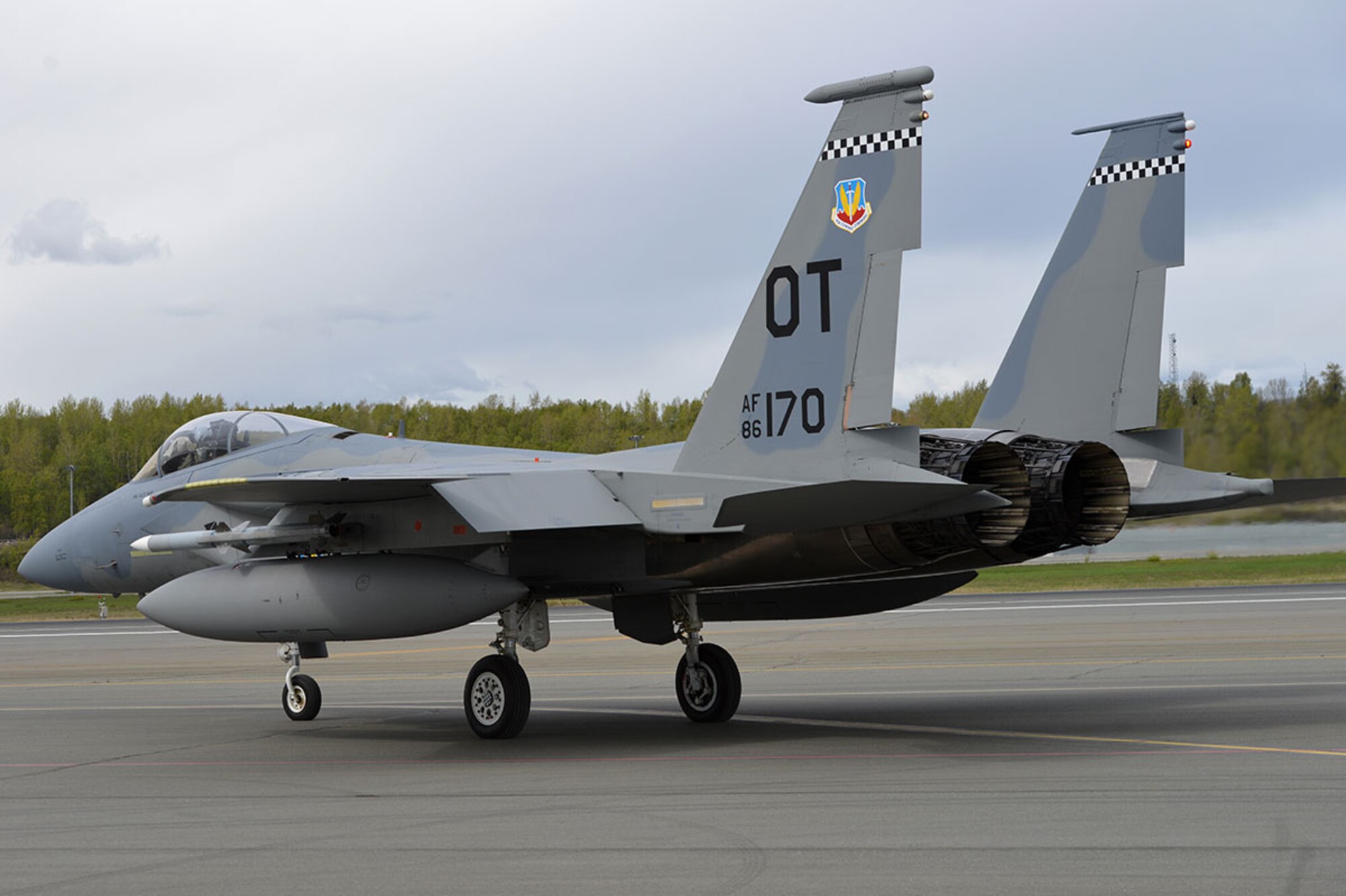 A U.S. Air Force F-15 Eagle from Eglin Air Force Base, Fla., taxis for departure on the Joint Base Elmendorf-Richardson flightline, May 3, 2016. The fighter is deployed to JBER as part of  Red Flag-Alaska, a  Pacific Air Forces commander-directed field training exercises for U.S. forces, provides joint offensive counter-air, interdiction, close air support, and large force employment training in a simulated combat environment. (U.S. Air Force photo by Airman 1st Class Javier Alvarez)