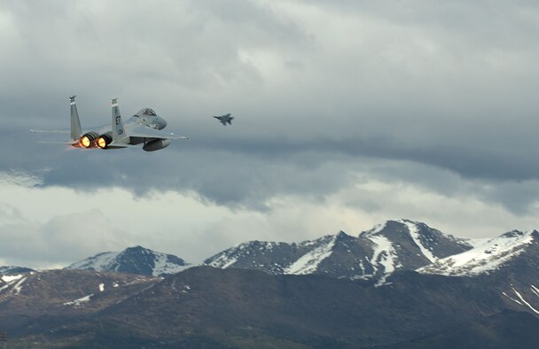 A U.S. Air Force F-15 Eagle from Eglin Air Force Base, Fla., takes off from the Joint Base Elmendorf-Richardson flightline May 3, 2016 as part of RED FLAG-Alaska (RF-A) 16-1. RF-A is a Pacific Air Forces commander-directed field training exercise for U.S. and international forces, which provides joint offensive counter-air, interdiction, close air support, and large-force employment training in a simulated combat environment. (U.S. Air Force photo by Airman 1st Class Kyle Johnson)