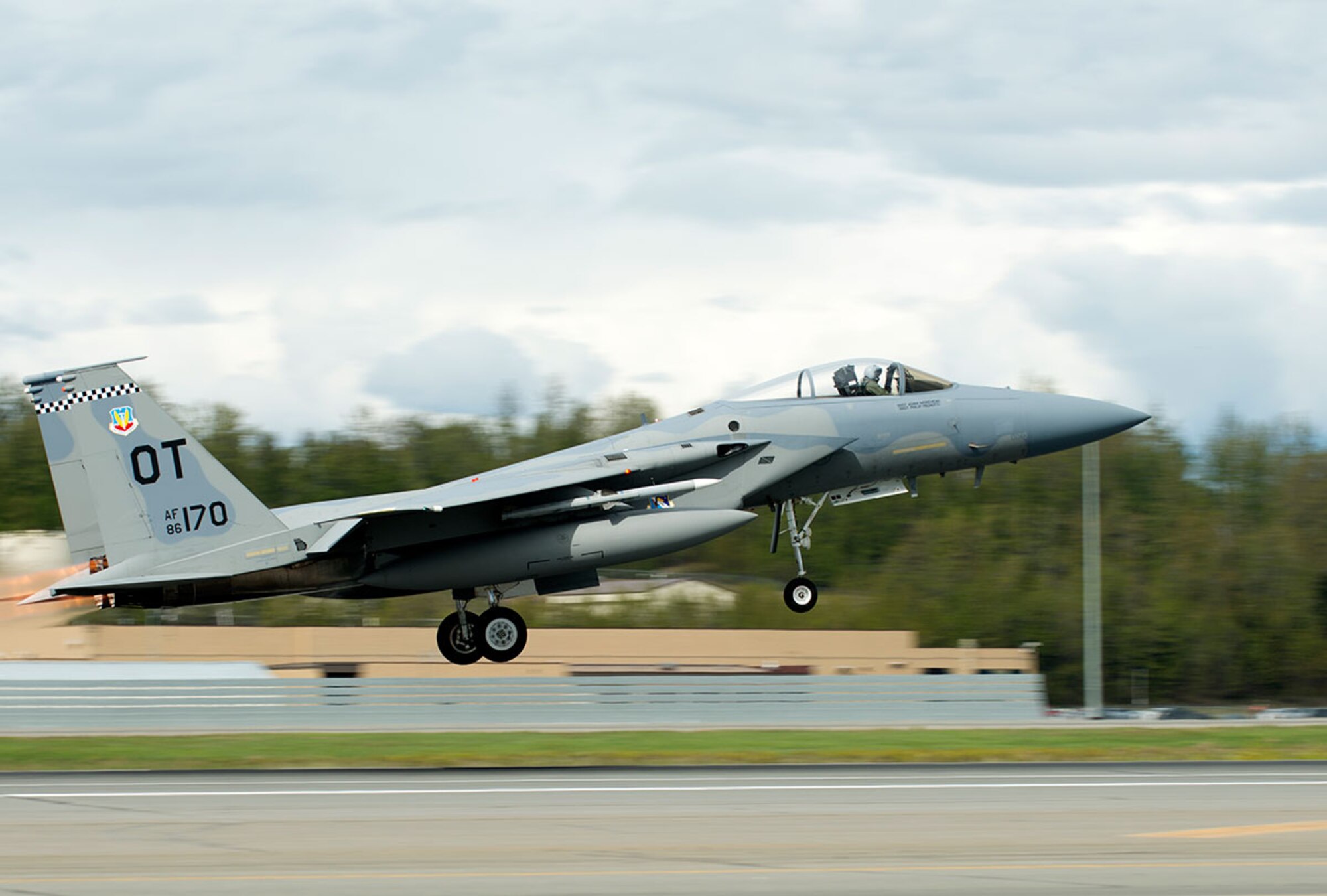 A U.S. Air Force F-15 Eagle from Eglin Air Force Base, Fla., takes off from the Joint Base Elmendorf-Richardson flightline May 3 as part of RED FLAG-Alaska 16-1. RF-Alaska is a Pacific Air Forces commander-directed field training exercise for U.S. and international forces, which provides joint offensive counter-air, interdiction, close air support, and large-force employment training in a simulated combat environment. (U.S. Air Force photo by Airman 1st Class Kyle Johnson)