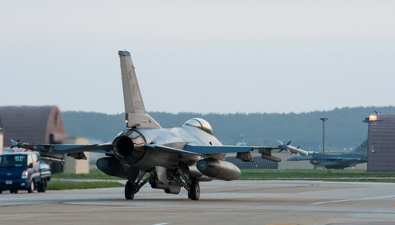 An F-16 Fighting Falcon from the 35th Fighter Squadron taxis on the runway during Beverly Midnight  16-3 at Kunsan Air Base, Republic of Korea, May 4, 2016.  The exercise tested Airmen on their ability to survive and operate while under the stress of simulated wartime activities all while ensuring aircraft generate. (U.S. Air Force photo by Staff Sgt. Nick Wilson/Released)