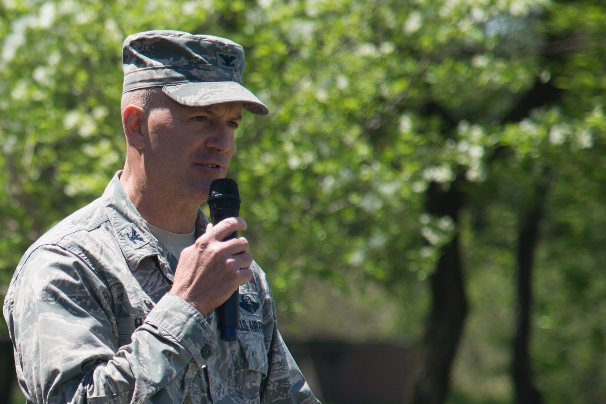 Col. Andrew Hansen, 51st Fighter Wing commander, speaks during a Korean Labor Day lunch May 4, 2016, at Osan Air Base, Republic of Korea. Hansen thanked the Team Osan Korean civilians for their hard work and dedication to the base.  Osan highlights Korean Labor Day to celebrate the host-nation civilians who support the base daily.  (U.S. Air Force photo by Senior Airman Dillian Bamman/Released)
