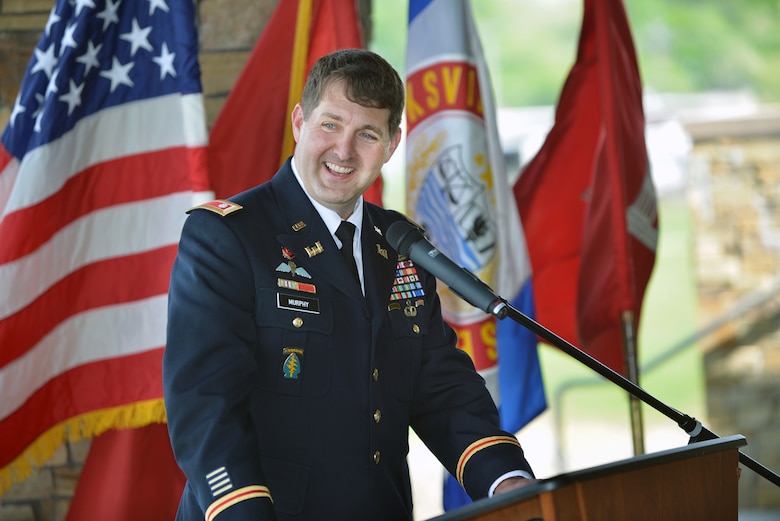 Lt. Col. Stephen Murphy, U.S. Army Corps of Engineers Nashville District commander, speaks to the crowd at the Riverside Drive Stream Bank Stabilization completion ceremony April 26, 2016 Freedom Point. 