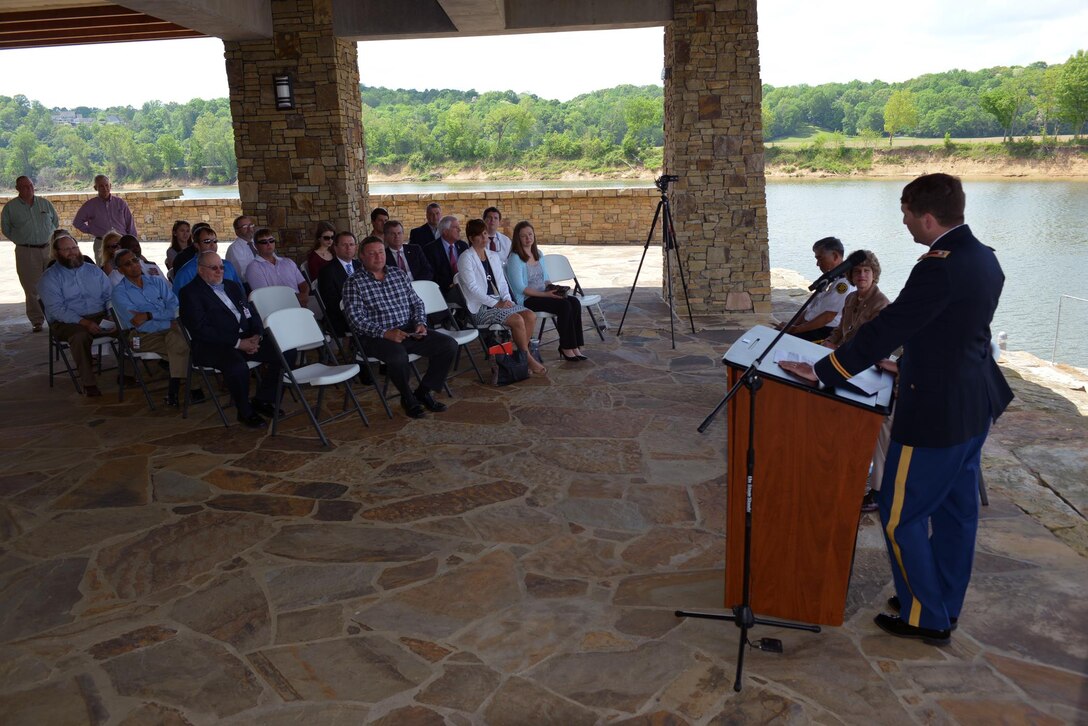 : Lt. Col. Stephen Murphy, U.S. Army Corps of Engineers Nashville District commander, speaks to the crowd at the Riverside Drive Stream Bank Stabilization completion ceremony April 26, 2016 Freedom Point.