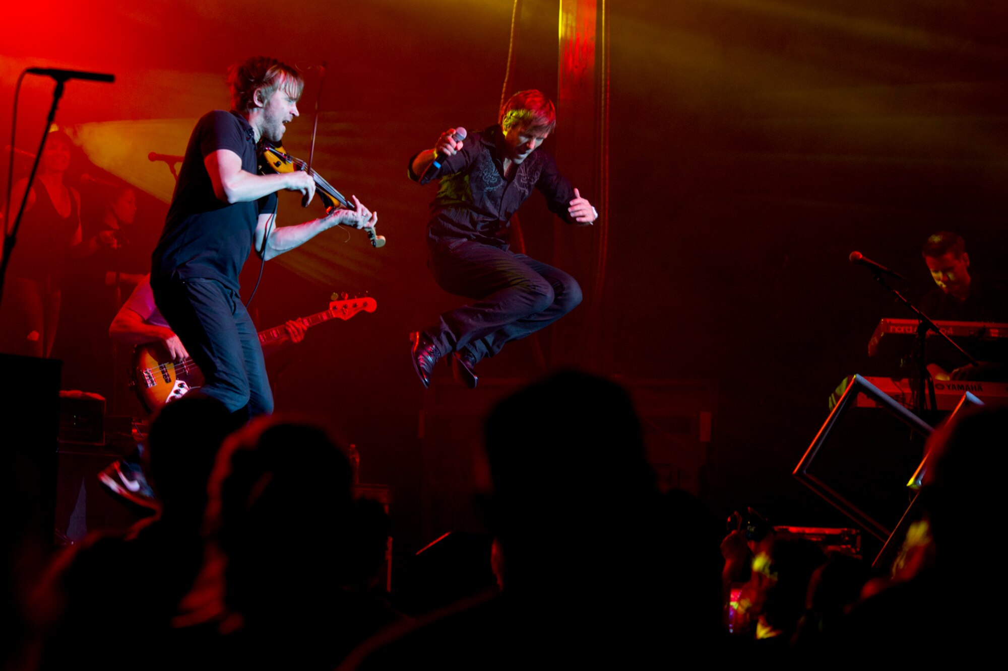 (L-R) Dan Myers and Jeff Vezain, members of The Lt. Dan Band, perform at Little Rock Air Force Base, Ark., April 29, 2016. The band, which performs more than 40 concerts a year for military members and their families, gets its name from the character Gary Sinise portrayed in the Academy-Award winning movie “Forrest Gump.” (U.S. Air Force photo by Master Sgt. Jeff Walston)   
