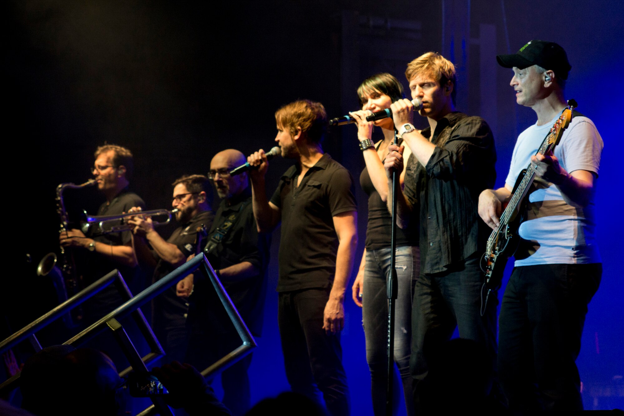 (Far Right) Actor Gary Sinise and the Lt. Dan Band, perform a free concert at Little Rock Air Force Base, Ark., April 29, 2016. The band, which is associated with the actor's charity foundation and the United Service Organizations, perform more than 40 concerts for military members and their families each year. (Courtesy photo by Eva Walston)


