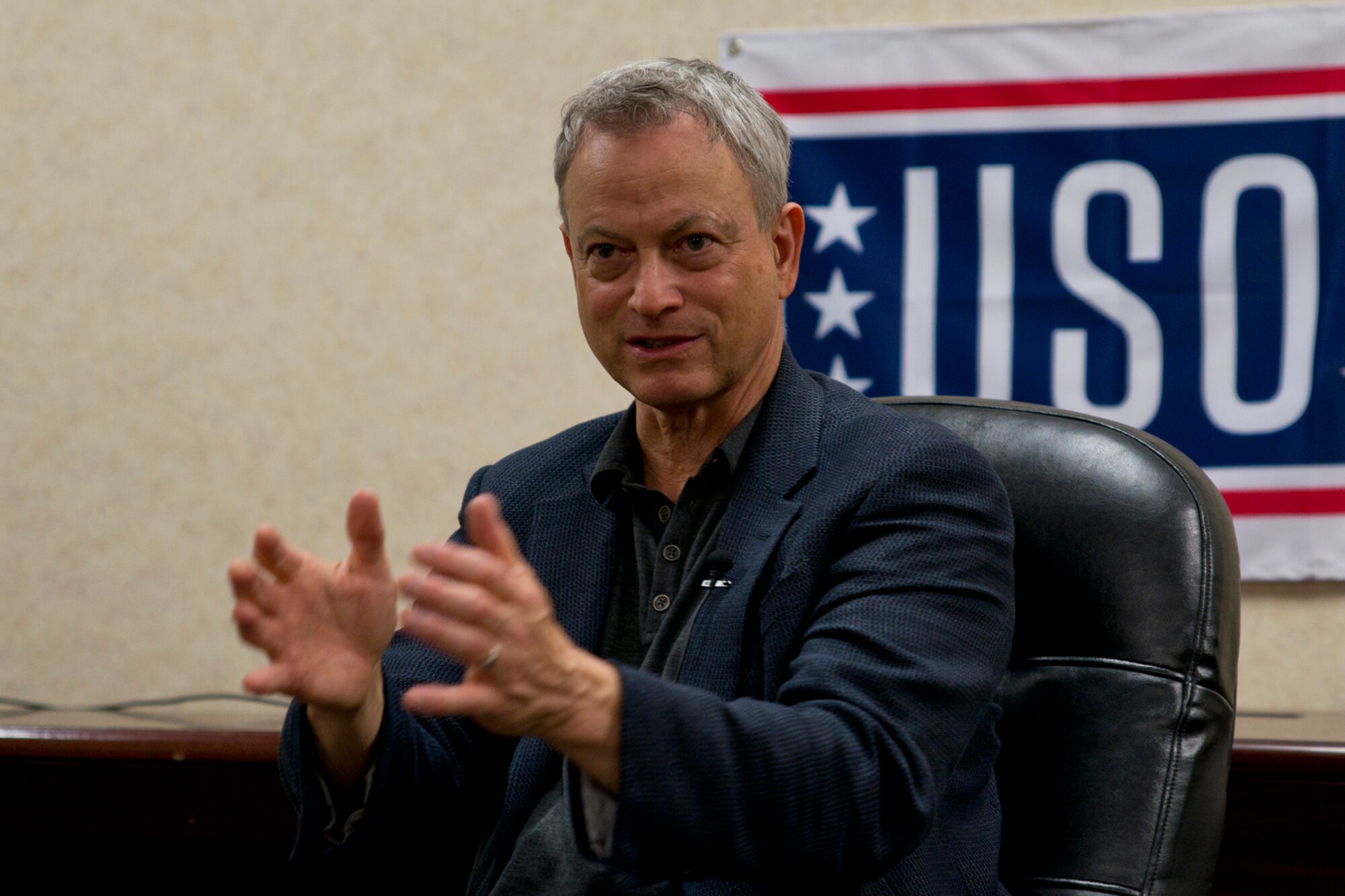 Gary Sinise explains why he started the Gary Sinise Foundation during a meeting with military and local media at Little Rock Air Force Base, Ark., April 29, 2016. Sinise, an actor and musician, performed a free concert with the Lt. Dan Band at the base, as he has done hundreds of times, for thousands of military audiences around the world. The Lt. Dan Band gets its name from the character Sinise portrayed in the Academy-Award winning movie “Forrest Gump.” (U.S. Air Force photo by Master Sgt. Jeff Walston)   
