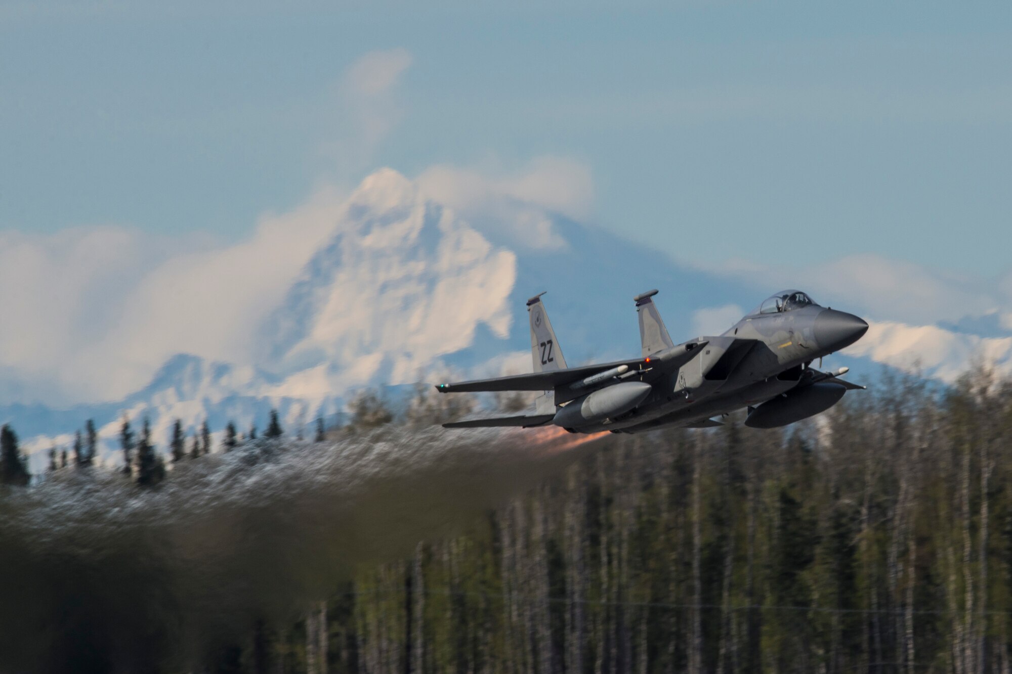 A U.S. Air Force F-15 Eagle tactical fighter jet assigned to the 67th Fighter Squadron, Kadena Air Base, Japan, takes off from Eielson Air Force Base, Alaska, May 4, 2016, during RED FLAG-Alaska (RF-A) 16-1. The F-15s are deplyed to Eielson for RF-A, a series of Pacific Air Forces commander-directed field training exercises for U.S. and partner nation forces, providing combined offensive counter-air, interdiction, close air support and large force employment training in a simulated combat environment. (U.S. Air Force photo by Staff Sgt. Joshua Turner/Released)