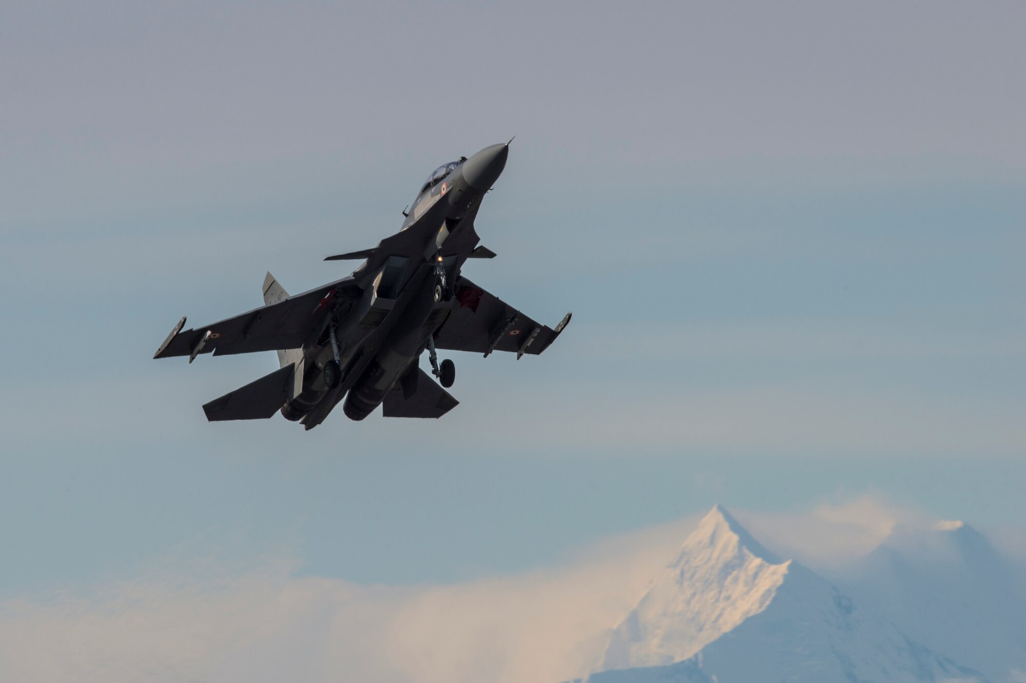 An Indian air force Su-30MKI fighter aircraft assigned to the 15 Squadron, Sirsa Air Base, India, takes off from Eielson Air Force Base, Alaska, May 4, 2016, during RED FLAG-Alaska (RF-A) 16-1. RF-A allows participating units to exchange tactics, techniques and procedures as well as improve interoperability. (U.S. Air Force photo by Staff Sgt. Joshua Turner/Released)