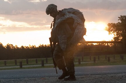 A competitor heads toward the next event after finishing a 10-kilometer foot march at the 2016 U.S. Army Reserve Best Warrior Competition at Fort Bragg, N.C., May 4, 2016. This year's Best Warrior Competition determines the top noncommissioned officer and junior enlisted Soldier who will represent the U.S. Army Reserve in the Department of the Army Best Warrior Competition later this year. (U.S. Army photo by Spc. Tynisha L. Daniel)