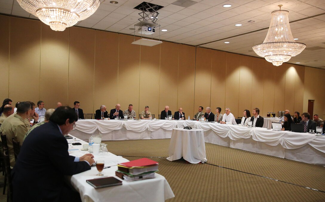 The Honorable Dennis McGinn, Assistant Secretary of the Navy (Energy, Installations & Environment), center, gives his opening remarks during the Department of the Navy - State of California Energy Agency Meeting at the Pacific Views Event Center, May 5, 2016. The bi-annual conference, which is designed to foster the partnership and discuss energy opportunities between the Secretary of the Navy and the State of California, began in 2013.