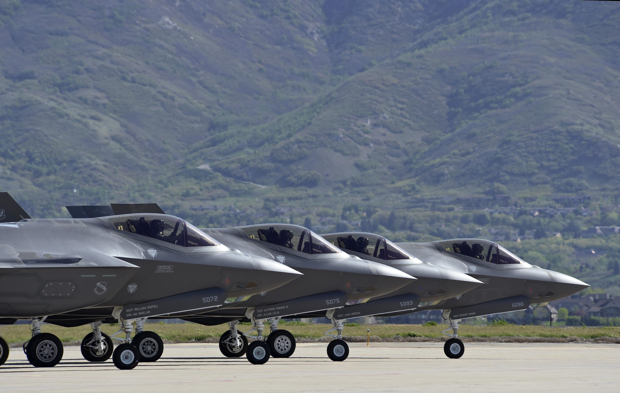 Four F-35 Lightning II aircraft prepare for takeoff at Hill Air Force Base, Utah, May 4. Hill's active duty and Reserve F-35 pilots recently began flying routine four-ship configurations, just as they would in combat. This marks a key milestone in getting the Air Force's newest fighter jet to reach Initial Operational Capability later this year, at which time it will be combat-ready. (U.S. Air Force photo/Paul Holcomb)