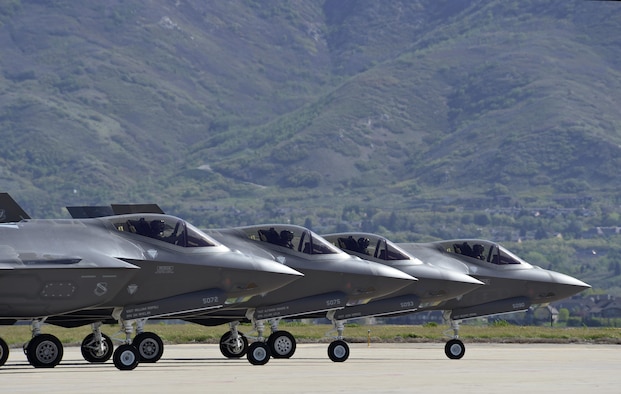 Four F-35 Lightning II aircraft prepare for takeoff at Hill Air Force Base, Utah, May 4. Hill's active duty and Reserve F-35 pilots recently began flying routine four-ship configurations, just as they would in combat. This marks a key milestone in getting the Air Force's newest fighter jet to reach Initial Operational Capability later this year, at which time it will be combat-ready. (U.S. Air Force photo/Paul Holcomb)