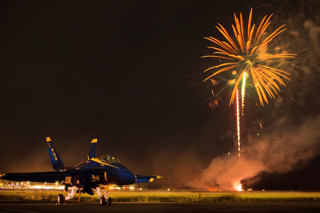 Fireworks explode at the 2016 Cherry Point Air Show “Celebrating 75 Years,” at Marine Corps Air Station Cherry Point, N.C., April 29, 2016. This year’s air show celebrated MCAS Cherry Point and the 2nd Marine Aircraft Wing’s 75th anniversary. Marine Corps photo by Mauricio Campino