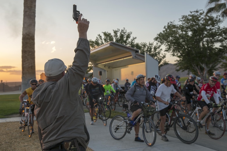 Cyclists await the start of the Park-to-Park Bike Ride at Knott’s Sky Park in Twentynine Palms, Calif., April 30, 2016. The event was hosted as a joint effort between the Combat Center, the City of Twentynine Palms and the Joshua Tree National Park Service to celebrate Earth Day as well as the 100-year anniversary of the park. (Official Marine Corps photo by Lance Cpl. Levi Schultz/Released)