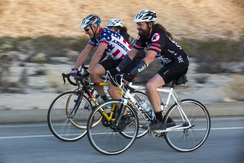 Cyclists complete a 50-mile ride during the Park-to-Park Bike Ride through Joshua Tree National Park, Calif., April 30, 2016. The event was hosted as a joint effort between the Combat Center, the City of Twentynine Palms and the Joshua Tree National Park Service to celebrate Earth Day as well as the 100-year anniversary of the park. (Official Marine Corps photo by Lance Cpl. Levi Schultz/Released)