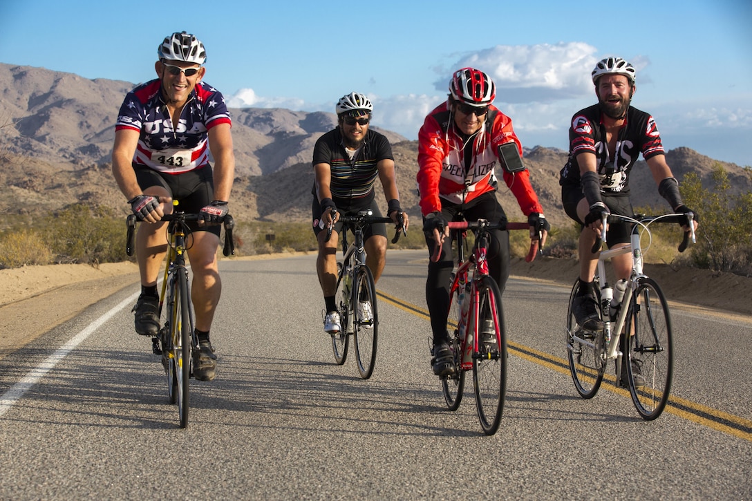 Cyclists complete a 50-mile ride during the Park-to-Park Bike Ride through Joshua Tree National Park, Calif., April 30, 2016. The event was hosted as a joint effort between the Combat Center, the City of Twentynine Palms and the Joshua Tree National Park Service to celebrate Earth Day as well as the 100-year anniversary of the park. (Official Marine Corps photo by Lance Cpl. Levi Schultz/Released)