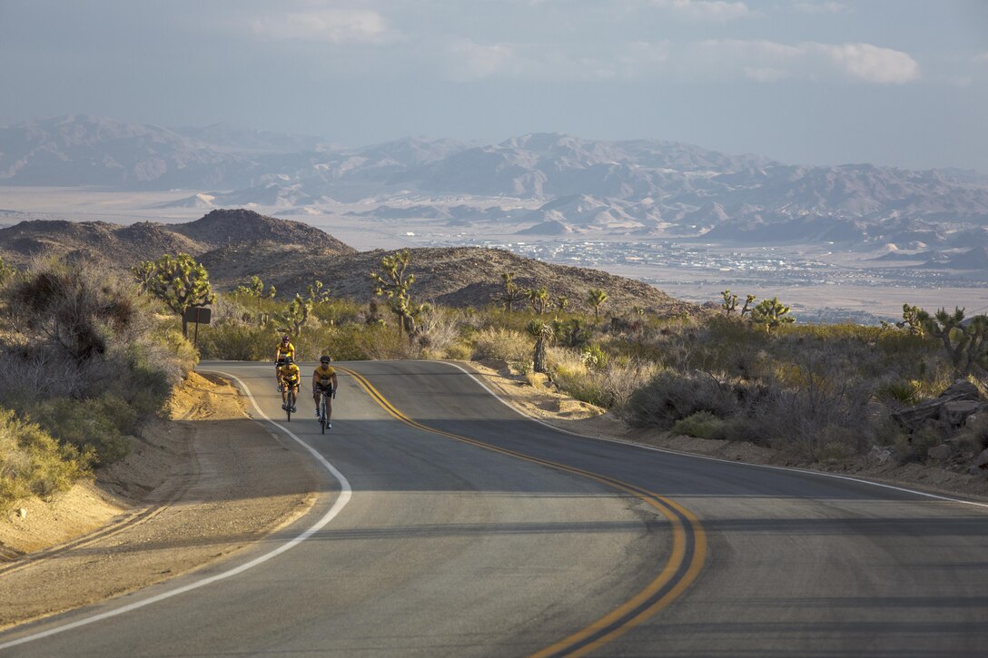 Cyclists complete a 50-mile ride during the Park-to-Park Bike Ride through Joshua Tree National Park, Calif., April 30, 2016. The event was hosted as a joint effort between the Combat Center, the City of Twentynine Palms and the Joshua Tree National Park Service to celebrate Earth Day as well as the 100-year anniversary of the park. (Official Marine Corps photo by Lance Cpl. Levi Schultz/Released)