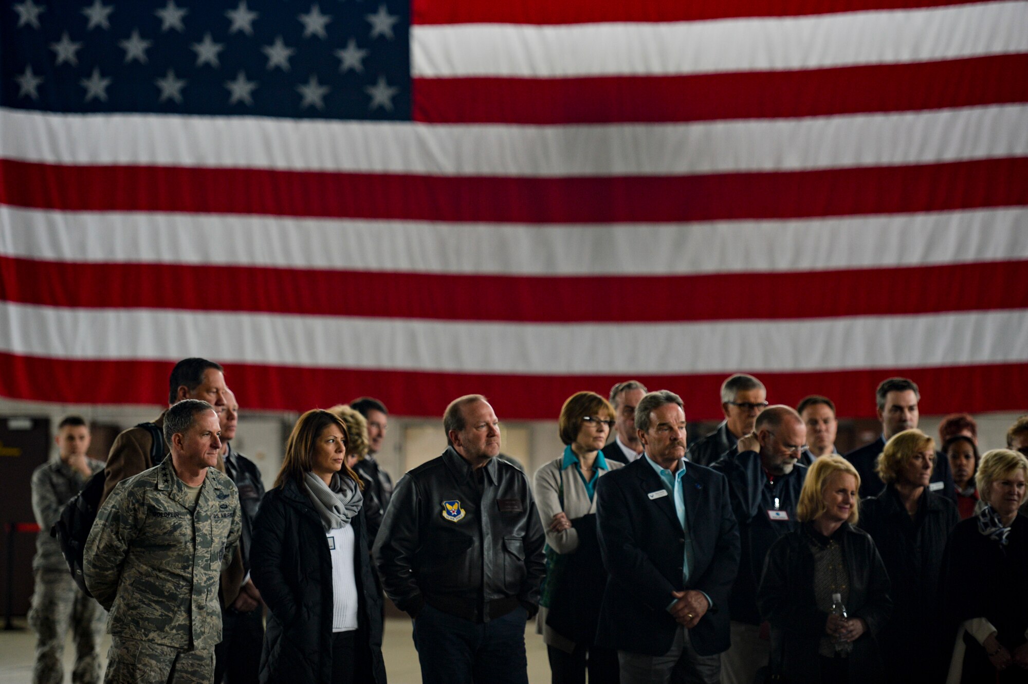 Air Force Vice Chief of Staff Gen. David Goldfein, front left, and a group of Air Force civic leaders listen to briefing in a hangar on Spangdahlem Air Base, Germany, April 19, 2016, during a weeklong civic leader trip to several bases in Europe. Air Force civic leaders are unpaid advisers, key communicators and advocates for the Air Force. (U.S. Air Force photo/Tech. Sgt. Joshua DeMotts) 