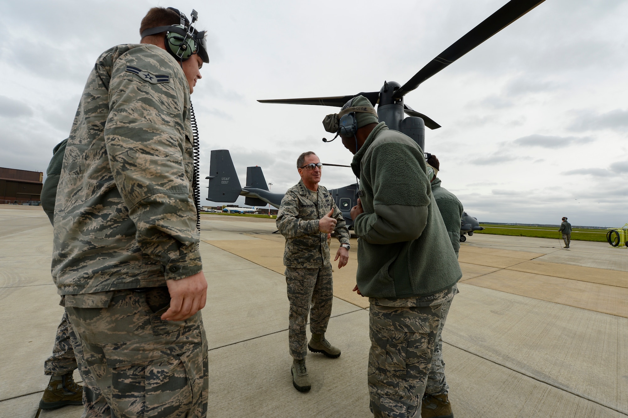 Air Force Vice Chief of Staff Gen. David Goldfein shakes hands with Airmen at Royal Air Force Mildenhall, England, April 19, 2016, after an orientation flight on a CV-22 Osprey during weeklong civic leader trip to several bases in Europe. Air Force civic leaders are unpaid advisers, key communicators and advocates for the Air Force. (U.S. Air Force photo/Tech. Sgt. Joshua DeMotts)