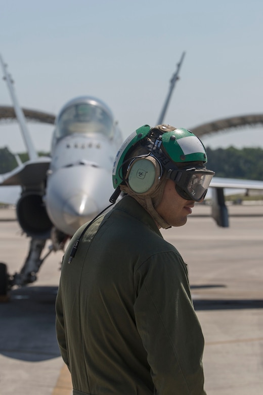 A maintaner stands in front of an F/A-18C Hornet on the flightline aboard Marine Corps Air Station Beaufort May 4. Marine Fighter Attack Squadron 251 is participating in a Weapons Systems Evaluation Program at Tyndall Air Force Base, Fla., May 6-20. The program gives pilots experience with flying against real aircraft outside a simulation. The real world training helps Marines be tactically proficient and prepared to deploy. The pilot is with VMFA-251. 