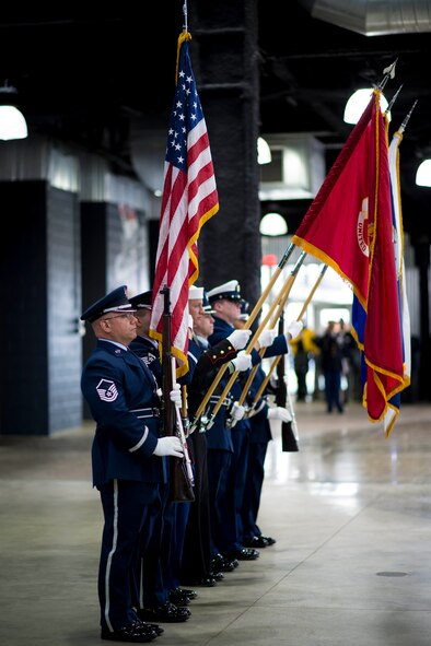 The Armed Forces Color Guard present the colors during the 56th annual Western New York Armed Forces Week opening day ceremony, May 1, 2016, Buffalo RiverWorks, Buffalo, N.Y. Sponsored by the Western N.Y. Armed Forces Week committee, it’s a week that is set aside each year to honor those who serve or have served in our country’s Military. (U. S. Air Force photo by Tech. Sgt. Stephanie Sawyer) 