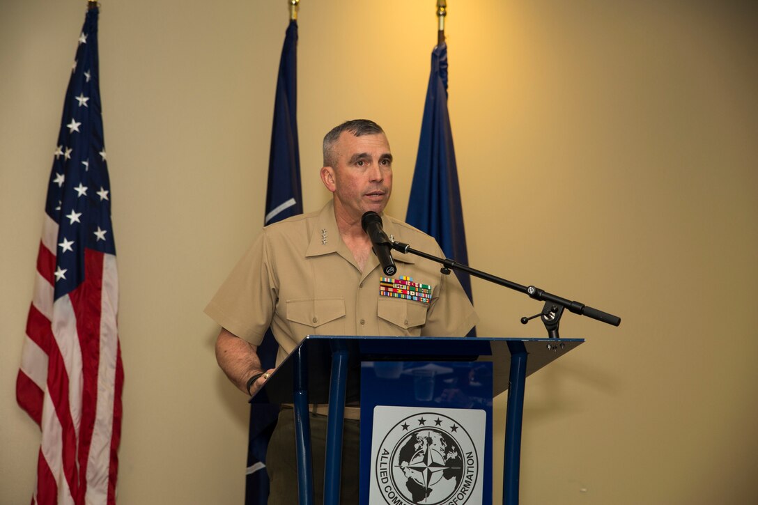 Lieutenant General John E. Wissler, Commander, Marine Corps Forces Command, spoke to students of the North Atlantic Treaty Organization (NATO) Defense College gathered at Allied Command Transformation Headquarters in Norfolk, Va. on Thursday, May 5. LtGen Wissler spoke of the Marine Corps' continuing commitment to work with NATO and other partner nations as a forward deployed force and across the Range of Military Operations - a 5-dimension battlefield comprising land, sea, air, space and cyber operations. "We cannot solve our problems with the same thinking we used when we created them," stated LtGen Wissler, quoting Albert Einstein. Following his remarks, LtGen Wissler answered questions from the audience. (U.S. Marine Corps photo by Cpl. Calvin Shamoon/ released)
