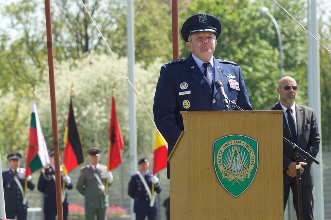 Retiring Air Force Gen. Philip M. Breedlove speaks at the ceremony at NATO's Supreme Headquarters Allied Powers Europe in which he passed command as the alliance's supreme allied commander for Europe to Army Gen. Curtis M. Scaparrotti in Mons, Belgium, May 4, 2016. NATO photo by U.S. Navy Petty Officer 1st Class Danielle Brandt