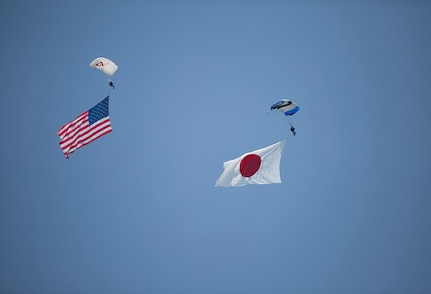 MARINE CORPS AIR STATION IWAKUNI, Japan (May 5, 201) - Pemberton Aerosports executed a flag jump during the Friendship Day 2016 Air Show. Since 1973, Marine Corps Air Station Iwakuni has conducted a single-day air show and open house to foster positive relationships between the air station and Japanese hosts. The event traditionally draws more than 200,000 visitors and participants. This year was the 40th Friendship Day, offering a culturally enriching experience that displays mutual support between the U.S. and Japan. This annual event showcases a variety of static displays, aviation performances and demonstrations for guests of the largest single-day event in Iwakuni. 