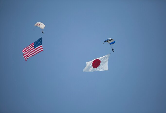 MARINE CORPS AIR STATION IWAKUNI, Japan (May 5, 201) - Pemberton Aerosports executed a flag jump during the Friendship Day 2016 Air Show. Since 1973, Marine Corps Air Station Iwakuni has conducted a single-day air show and open house to foster positive relationships between the air station and Japanese hosts. The event traditionally draws more than 200,000 visitors and participants. This year was the 40th Friendship Day, offering a culturally enriching experience that displays mutual support between the U.S. and Japan. This annual event showcases a variety of static displays, aviation performances and demonstrations for guests of the largest single-day event in Iwakuni. 