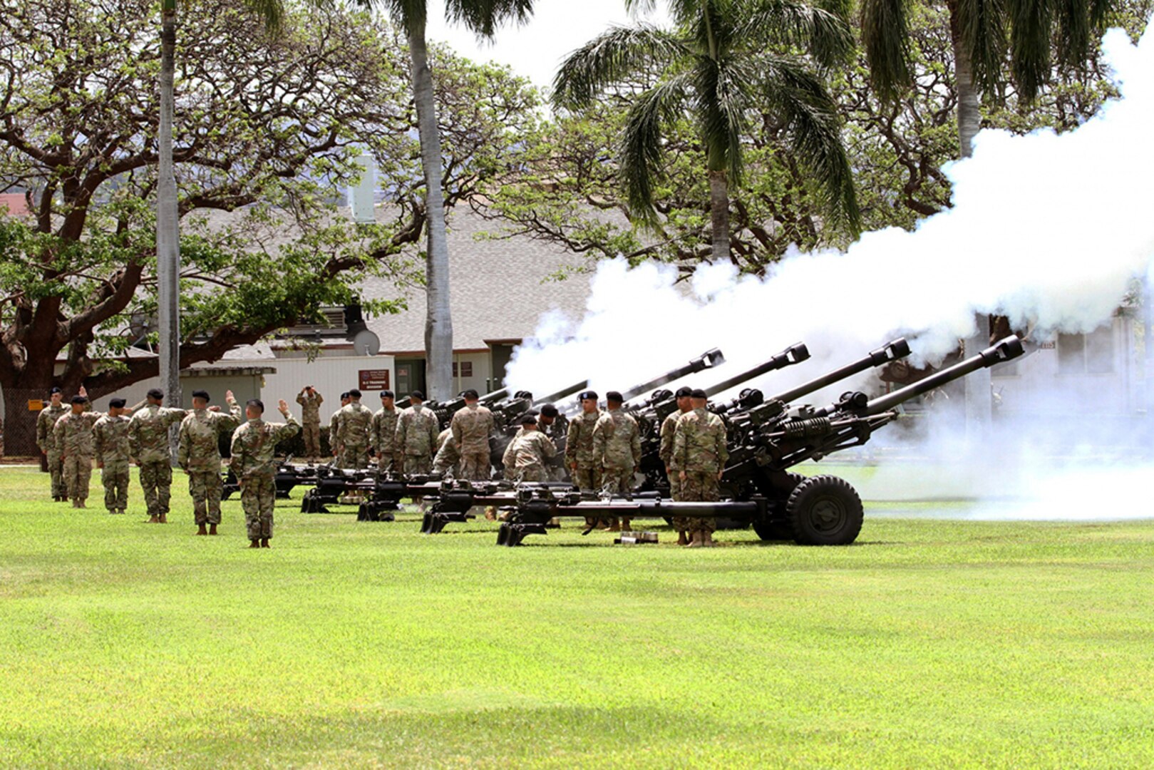 FORT SHAFTER, Hawaii (May 4, 2016) - Soldiers with 3rd Brigade, 7th Field Artillery, 25th Infantry Division Salute Battery, honor in-coming and out-going U.S. Army Pacific commanding generals with a gun salute during change of command ceremony between Gen. Vincent K. Brooks and Gen. Robert B. Brown. 