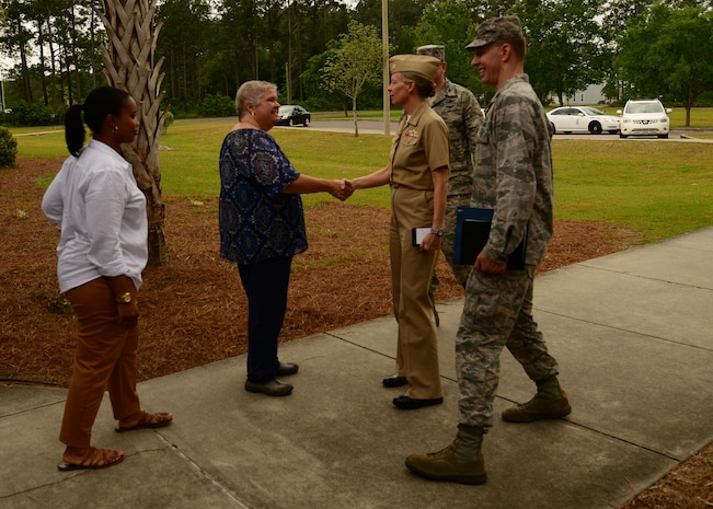 Rear Adm. Mary Jackson, Commander of Navy Region Southeast, visits Joint Base Charleston - Naval Weapons Station April 28, 2016. During the one-day tour, Jackson had the opportunity to visit various facilities that support the Joint  Base’s mission. (U.S. Navy Photo by Mass Communication Specialist 1st Class Sean M. Stafford/Released)
