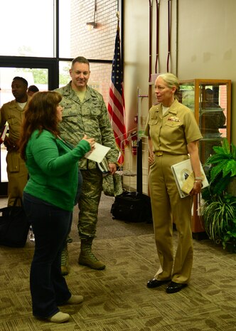 Rear Adm. Mary Jackson, Commander of Navy Region Southeast, visits Joint Base Charleston - Naval Weapons Station April 28, 2016. During the one-day tour, Jackson had the opportunity to visit various facilities that support the Joint  Base’s mission. (U.S. Navy Photo by Mass Communication Specialist 1st Class Sean M. Stafford/Released)