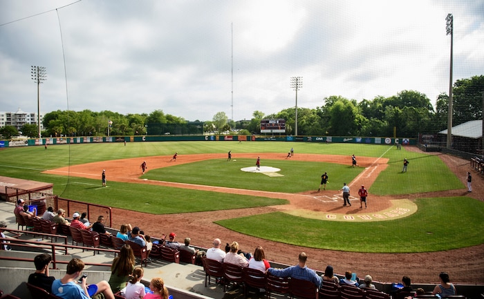 Members of the Wounded Warrior Softball Team and Joint Base Charleston softball team battle it out April 23, 2016, at Patriot’s Point in Charleston, S.C. The WWAST is comprised of veterans and active-duty service members who have lost limbs but won’t let that disability to keep them from being competitive in athletics. They travel the country and play able-bodied softball teams competitively or through exhibition and celebrity games. (U.S. Air Force photo/Senior Airman Clayton Cupit)