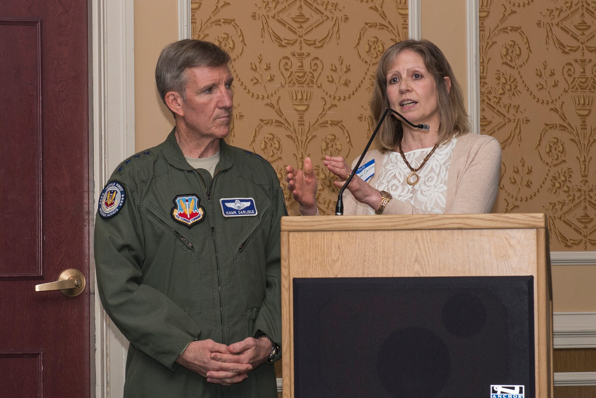 Gillian Carlisle, Key Spouse Program senior mentor and wife of Gen. Hawk Carlisle, commander of Air Combat Command, addresses key spouse members at Langley Air Force Base, Va., April 28. 2016. The Key Spouse Program consists of trained volunteers who support military families by providing information and referral services. (U.S. Air Force photo by Airman 1st Class Derek Seifert)