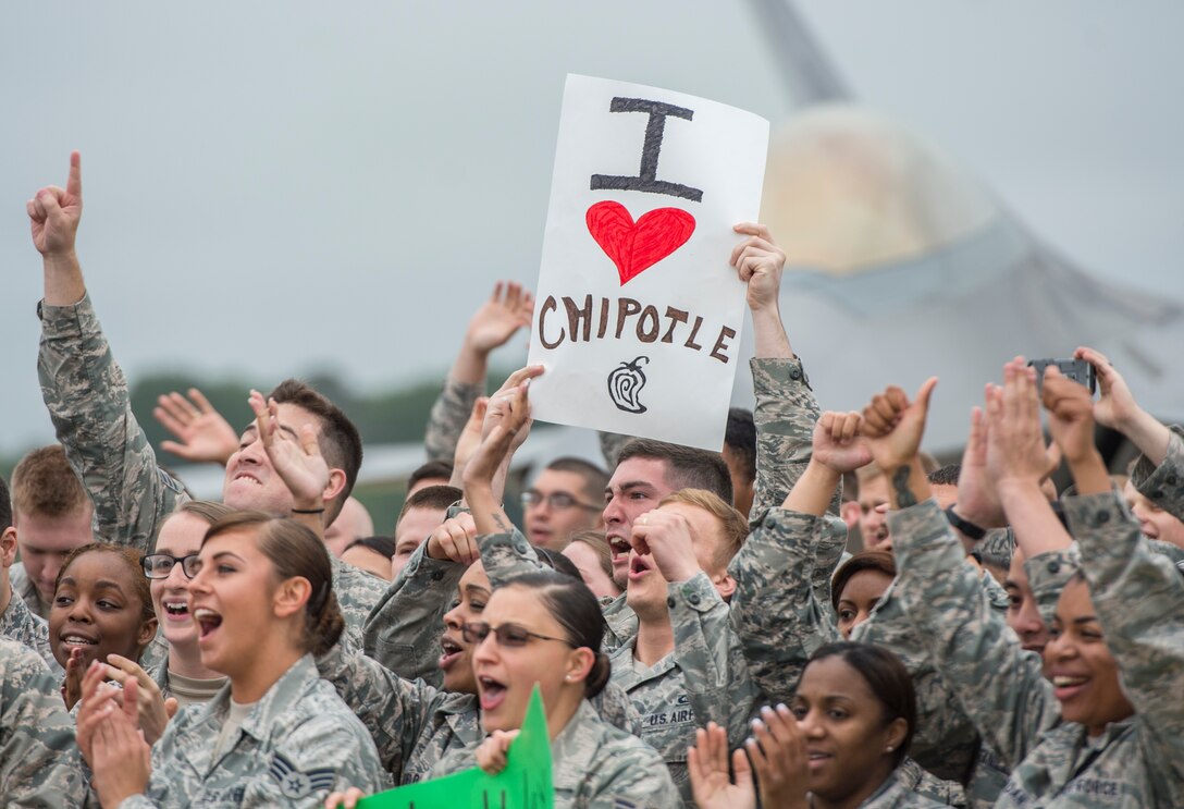 U.S. Airmen cheer for ABC’s Good Morning America at Langley Air Force Base, Va., May 4, 2016. Good Morning America received access to the oldest Air Force Base in the country as part of Langley’s 100 year anniversary. (U.S. Air Force photo by Senior Airman Kayla Newman)