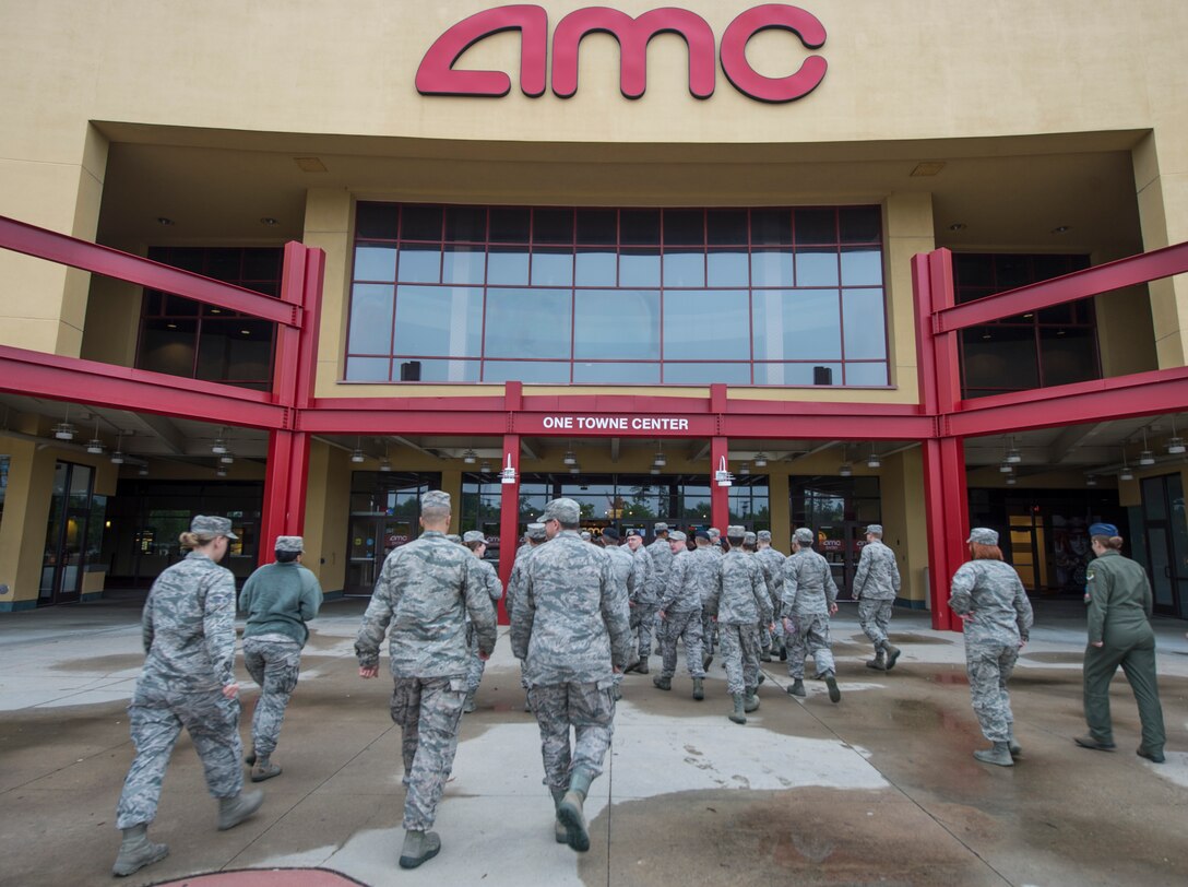 U.S. Airmen arrive to a movie theater in Hampton Va., May 4, 2016. The Airmen were surprised with a screening of the new Captain America: Civil War movie thanks to actor Anthony Mackie and ABC’s Good Morning America. (U.S. Air Force photo by Senior Airman Kayla Newman)