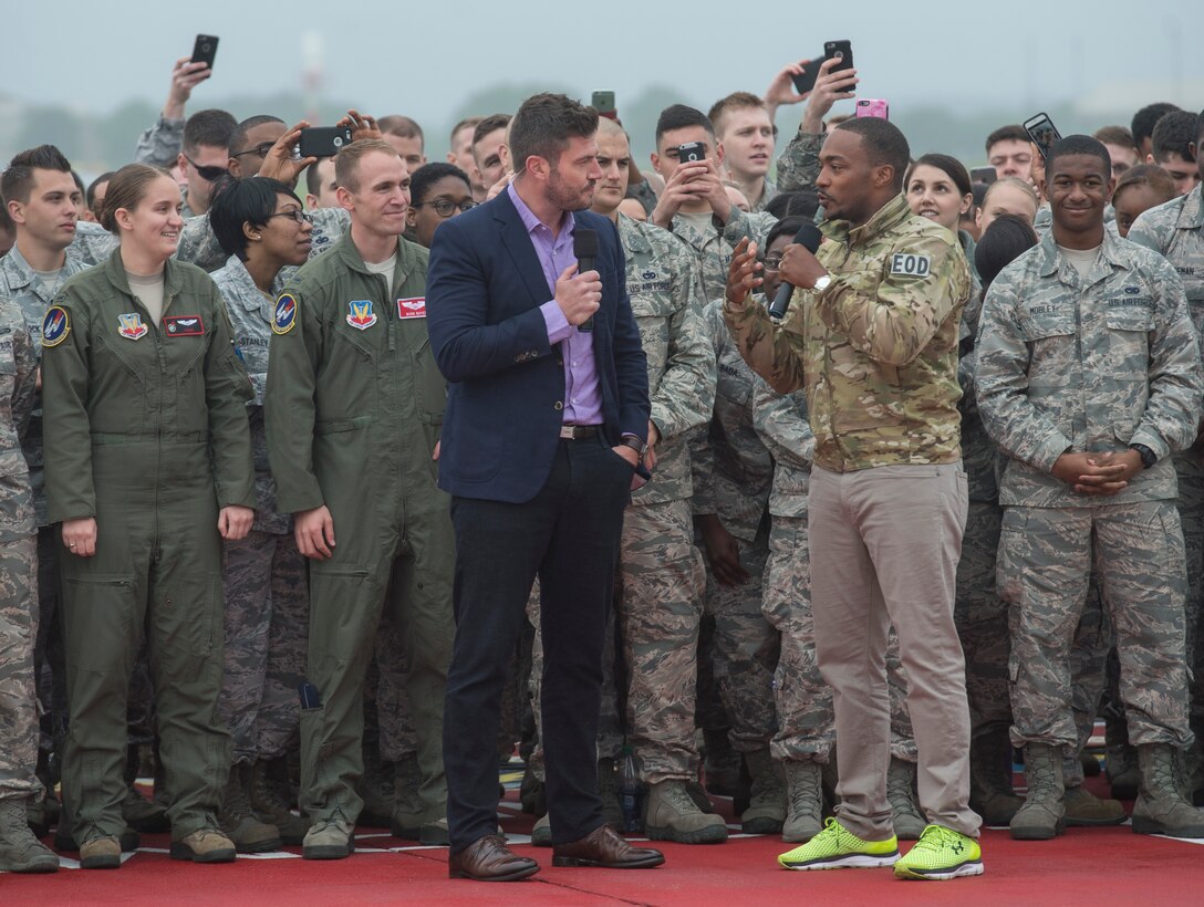 Jesse Palmer, correspondent with ABC’s Good Morning America, and Anthony Mackie, actor, do a live broadcast from Langley Air Force Base, Va., May 4, 2016. Mackie plays Falcon in the movie, Captain America: Civil War. (U.S. Air Force photo by Senior Airman Kayla Newman)