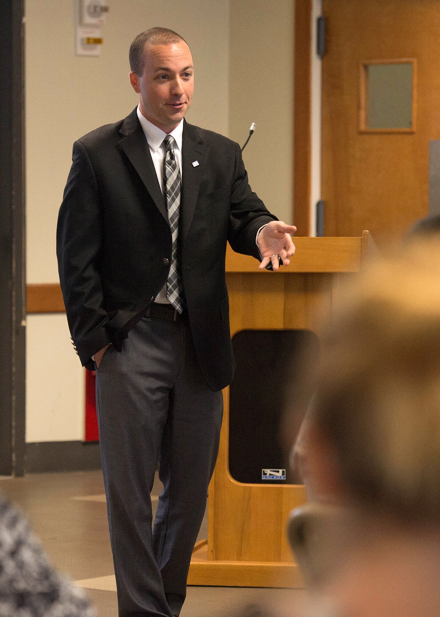 Terrance John Liberti, Jr., a legacy partner for the Center for Holocaust and Genocide Studies, Salem State University, tells the story of Holocaust Survivor Max Michelson as part of Holocaust Remembrance Week observances at the base chapel  May 2. Michelson was a teenager living in Riga, Latvia, when the Nazi’s invaded and was the only member of his immediate family to survive the Holocaust. Liberti, who met with Michelson years ago, tells Michelson’s story so that people will not forget what happened as Holocaust survivors pass away. (U.S. Air Force photo by Jerry Saslav)
