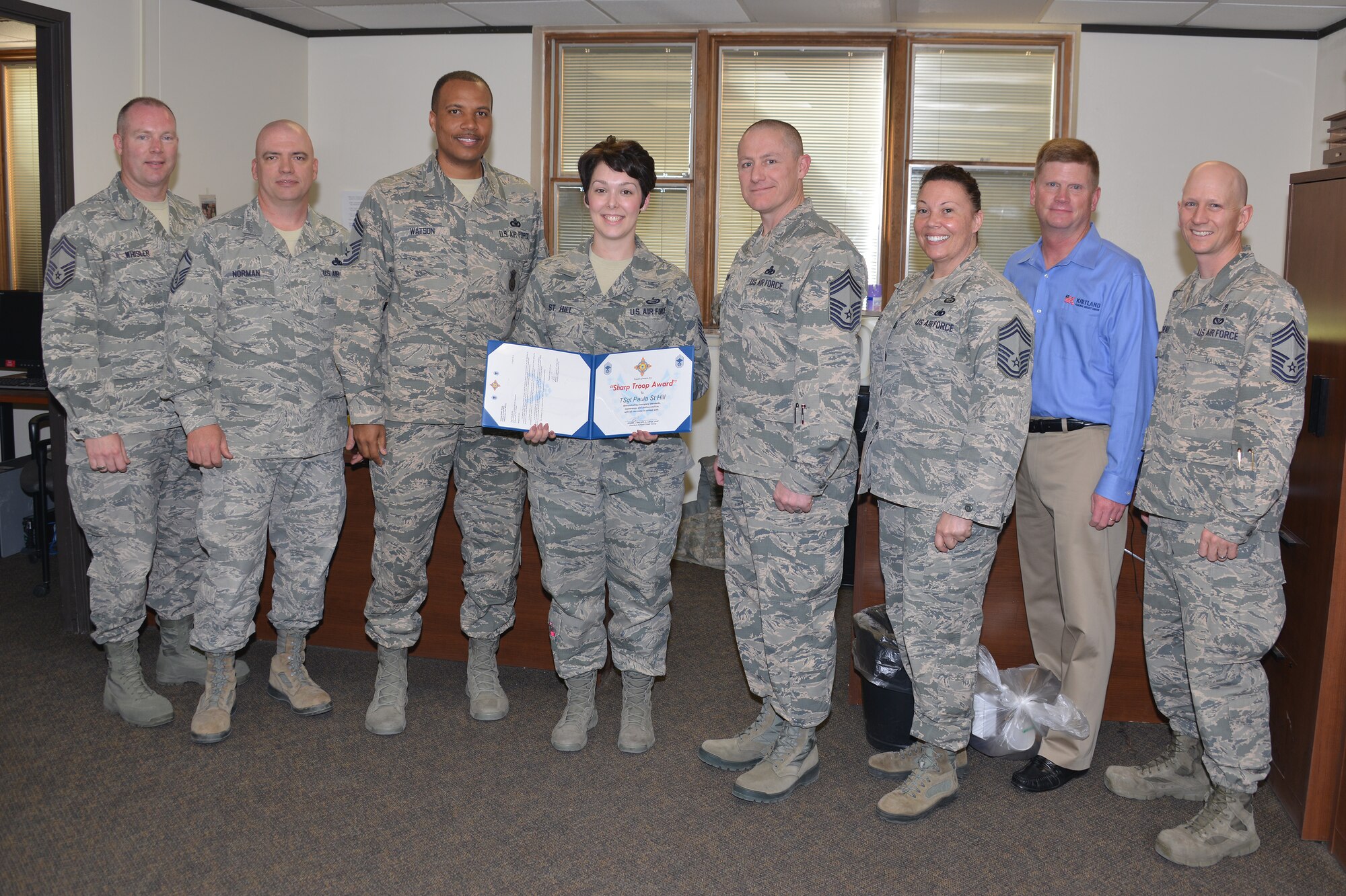 Congratulations to Tech. Sgt. Paula St. Hill, NCOIC of commander support staff in the 377th Weapons System Security Squadron, for being selected for the Sharp Troop Award. She received the award for her outstanding professionalism and mission support, and her dedication and positive attitude. (Photo by Dennis Carlson)