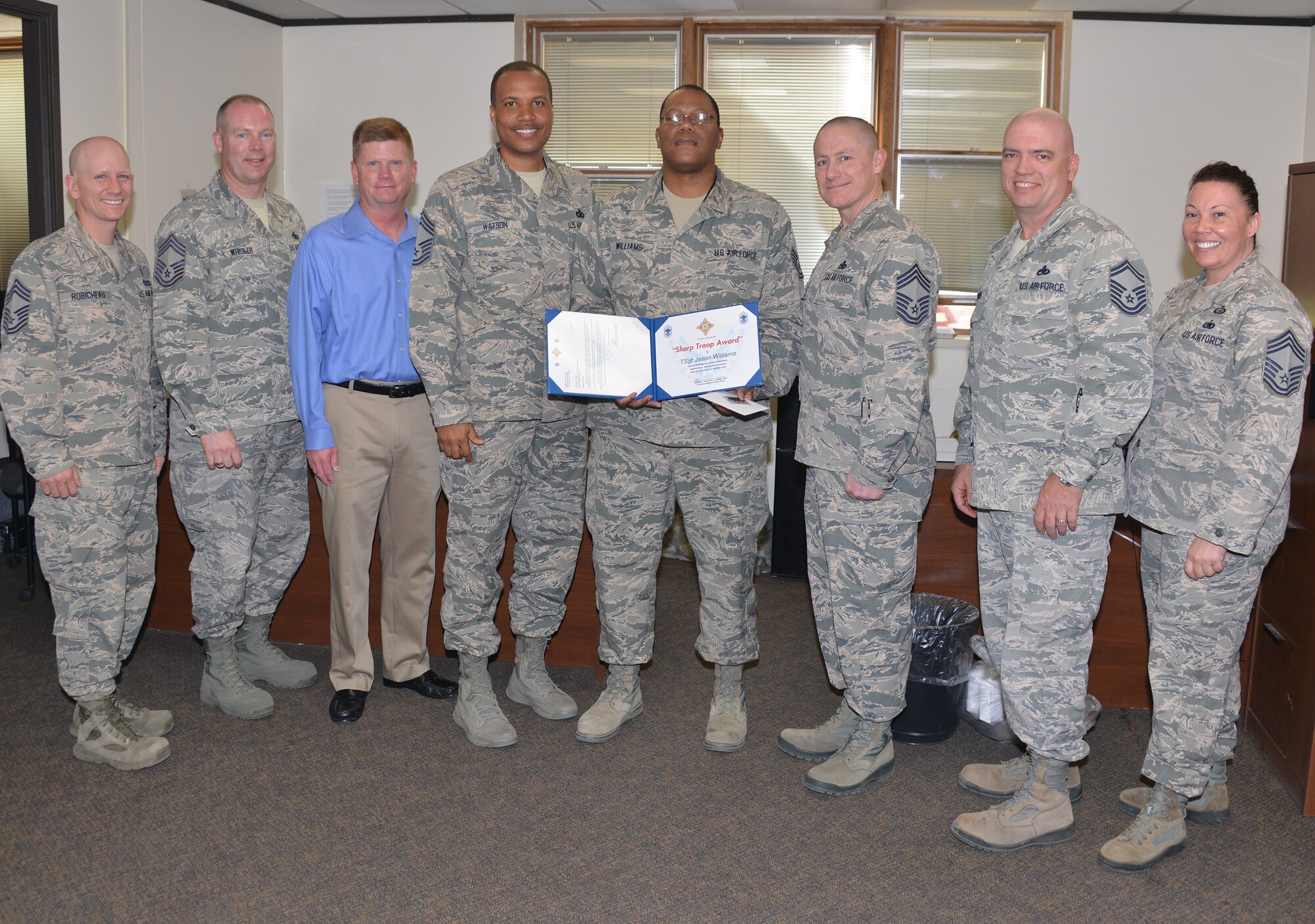 Congratulations to Tech. Sgt. Jason Williams, a computer systems technician in the 377th Weapons System Security Squadron, for being selected for the Sharp Troop Award. Williams received the award for his outstanding professionalism and mission support, and his dedication and positive attitude. (Photo by Dennis Carlson) 