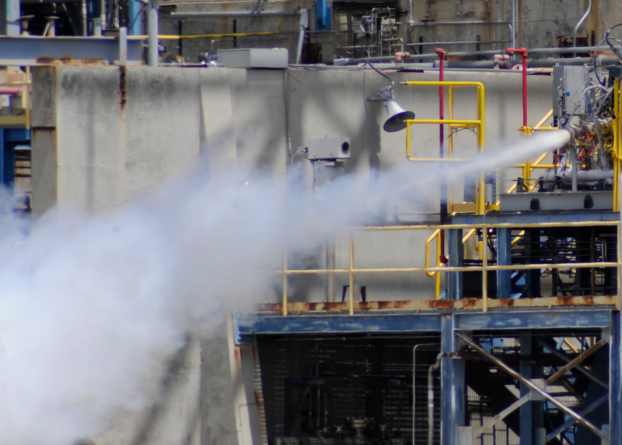 A closer look at the Hydrocarbon Boost sub-scale preburner firing at full-power at Test Stand 2A, Air Force Research Laboratory April 21, 2016. (U.S. Air Force photo by Ron Fair)