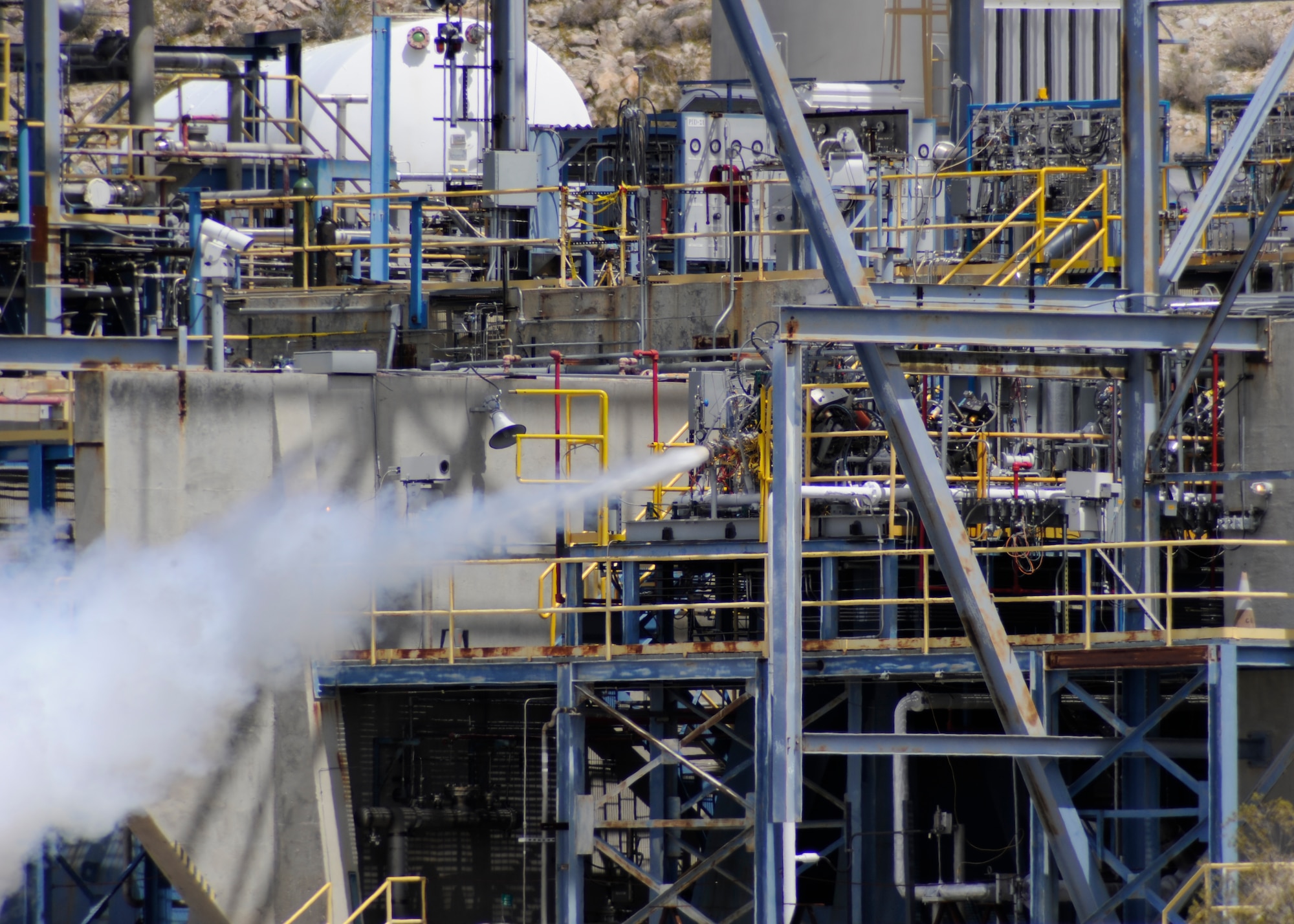 Hydrocarbon Boost sub-scale preburner firing at full-power at Test Stand 2A, Air Force Research Laboratory April 21, 2016. (U.S. Air Force photo by Ron Fair)