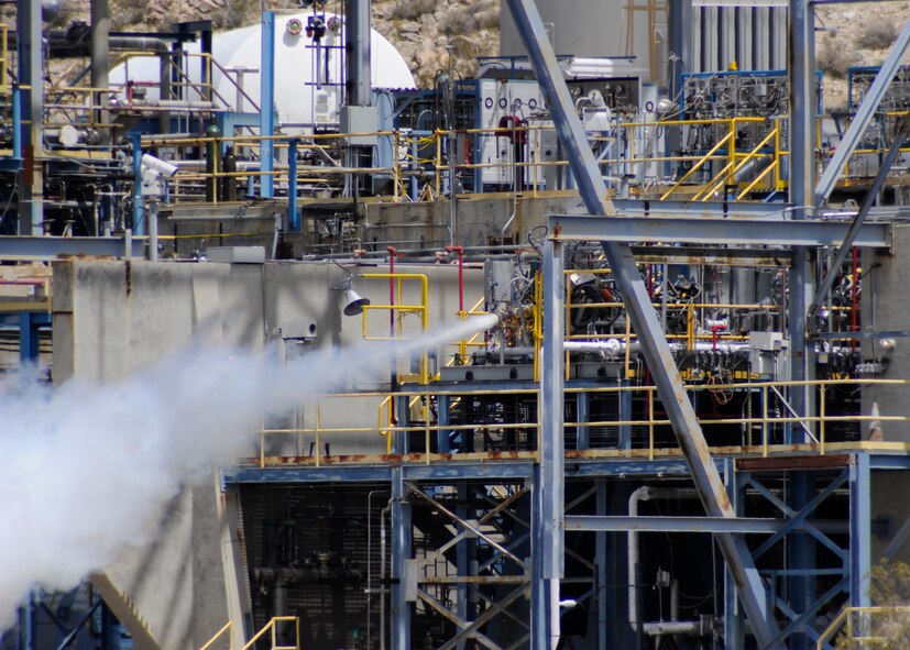 Hydrocarbon Boost sub-scale preburner firing at full-power at Test Stand 2A, Air Force Research Laboratory April 21, 2016. (U.S. Air Force photo by Ron Fair)