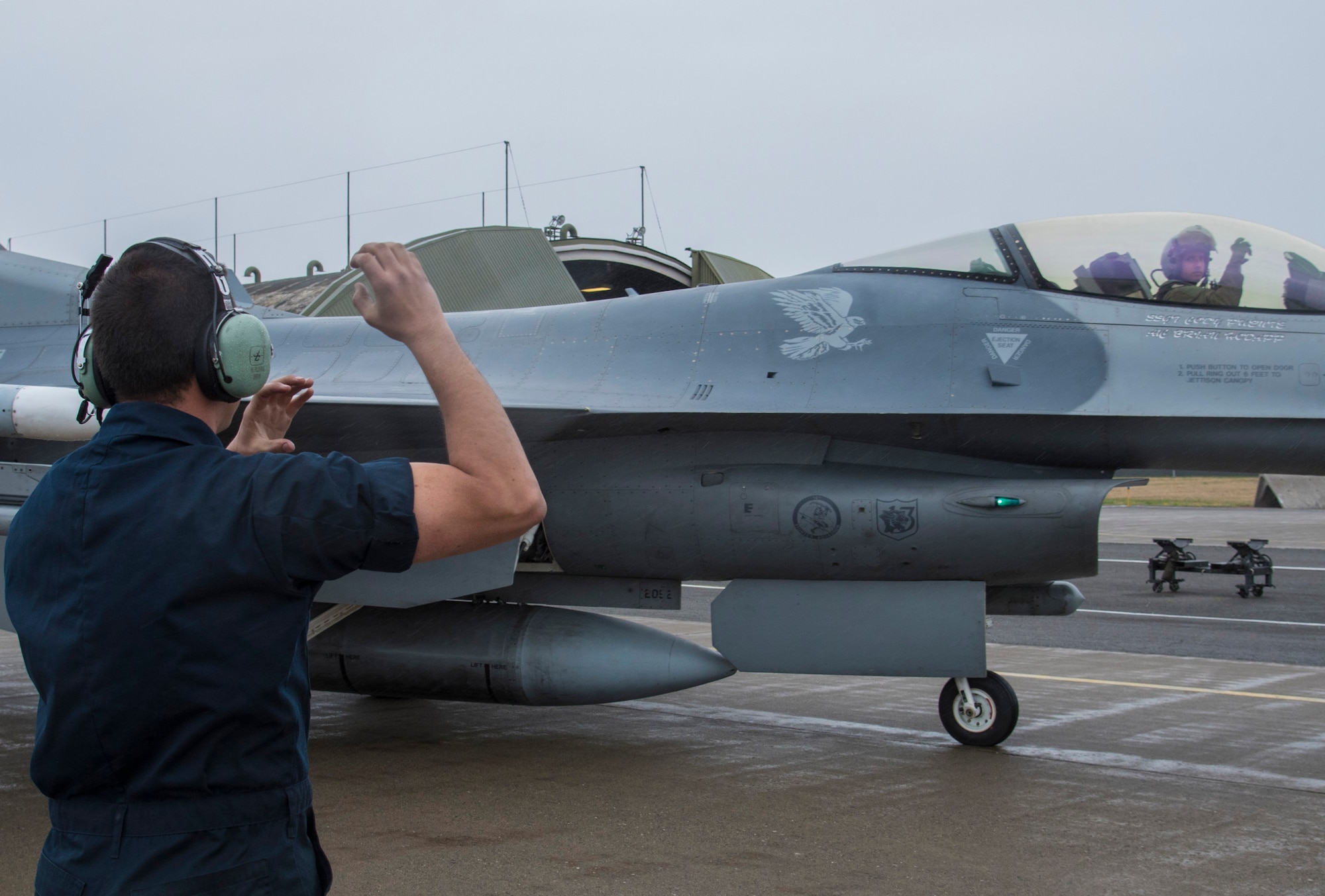 U.S. Air Force Airman 1st Class Mathew Flores, a crew chief with the 35th Aircraft Maintenance Squadron, signals the panther claw to Capt. Nicolas Dewulf, a pilot with the 13th Fighter Squadron, at Misawa Air Base, Japan, May 4, 2016. The panther claw represents the mascot of the 13th FS, the panther, and is displayed as a tradition. (U.S. Air Force photo by Airman 1st Class Jordyn Fetter)